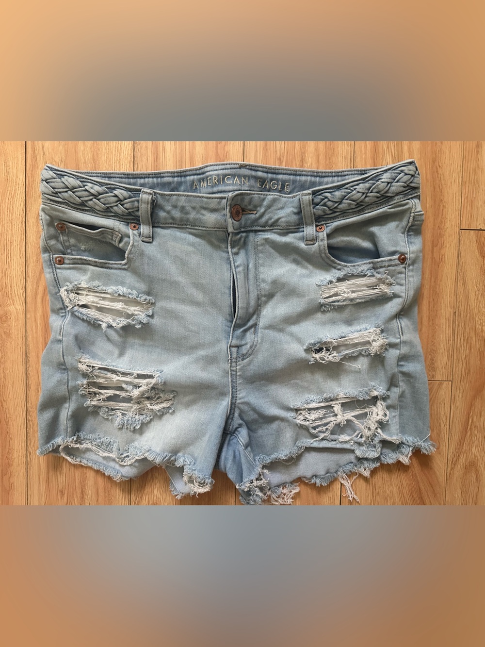 American Eagle Outfitters Light Blue Braided Waist Distressed Denim Shorts